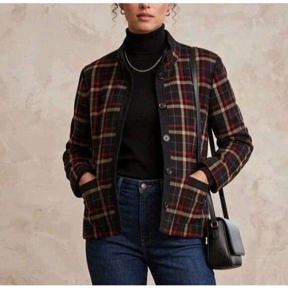 Pendleton Jackets & Blazers - PENDLETON Women's 18 Black Red Tan Plaid 100% Virgin Wool Lined Button Jacket